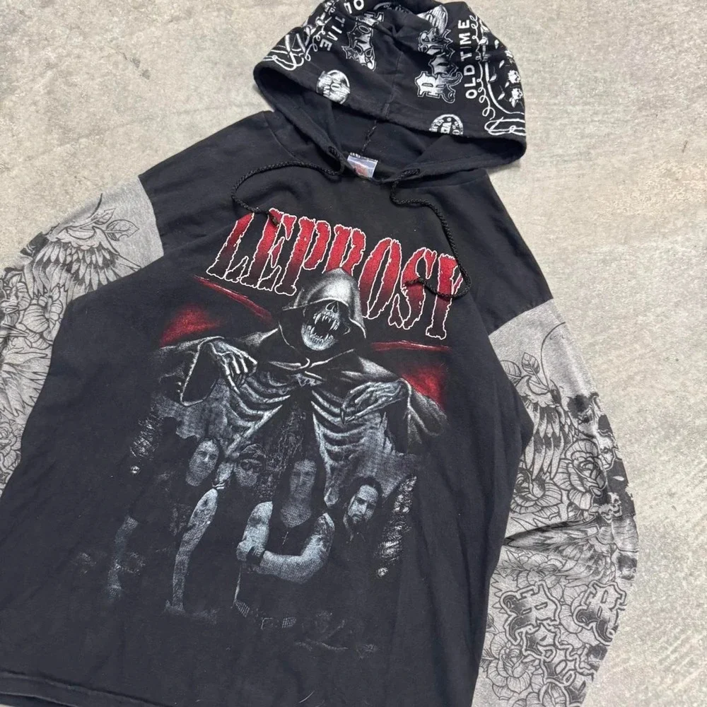 Leprosy Death Metal Band Hoodie Mens Large Tattoo Sleeve Graphic Y2K Black